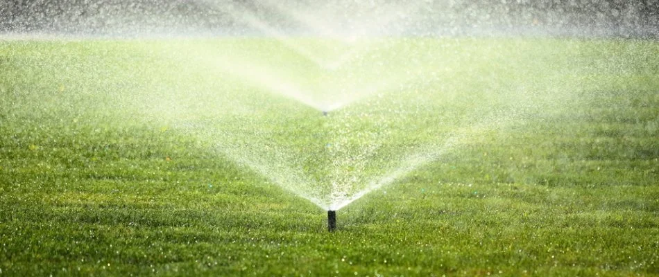 Aligned sprinkler heads on a lawn in Olathe, KS.