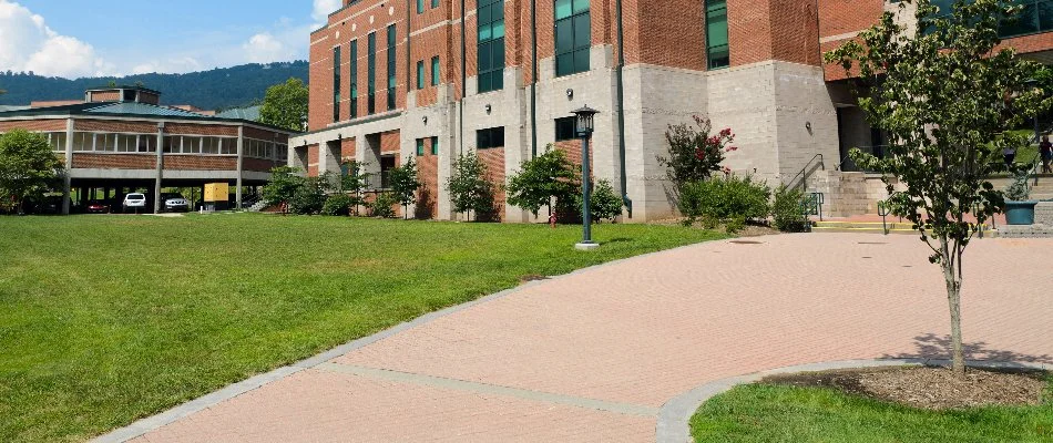 Commercial grounds in Lenexa, KS, with lawn and trees.